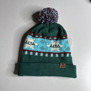 Alta Ski Area‎ Beanie Powder House Ski Shop Green Blue Snowflake Pom Pom Hat